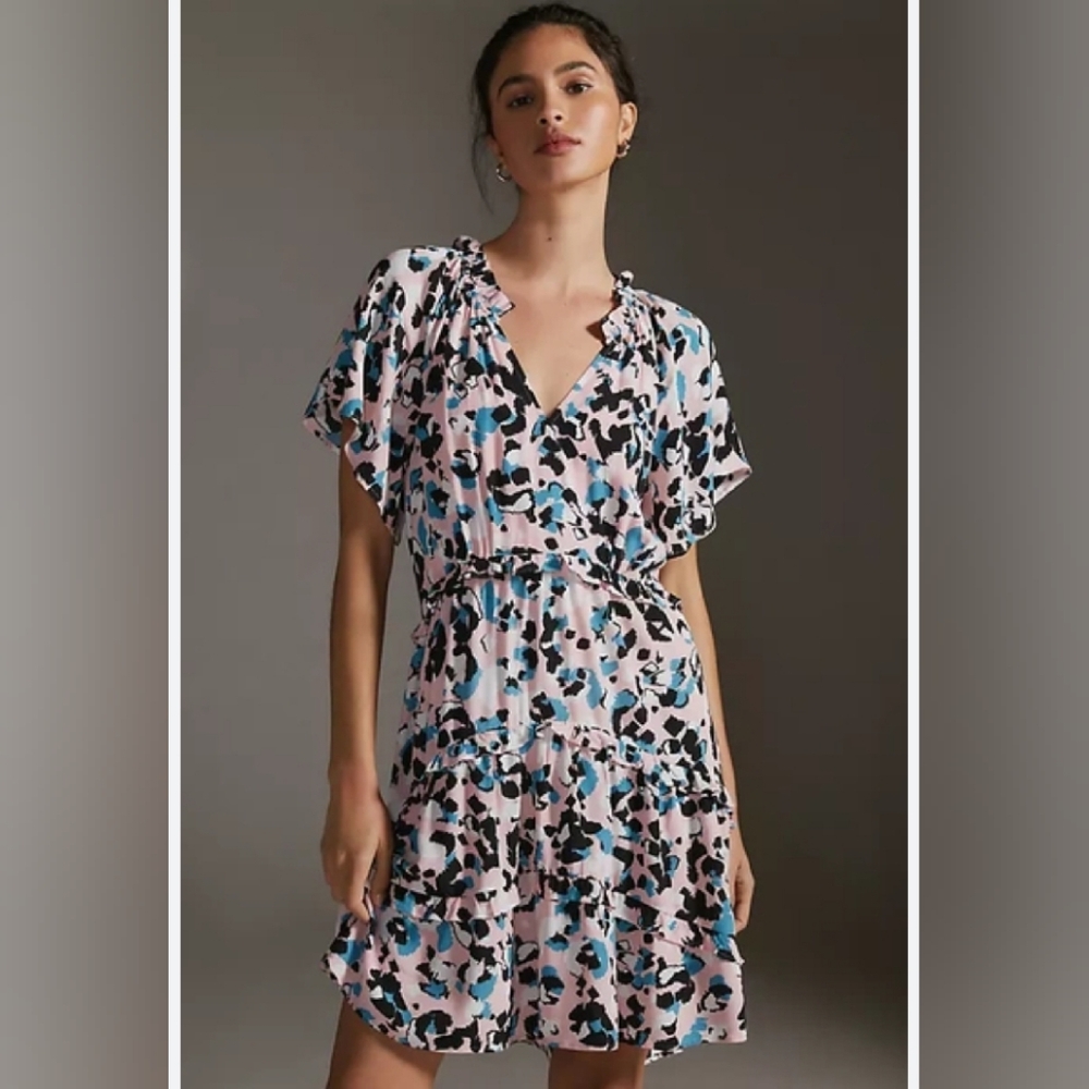 Anthropologie Robin Multicolor Animal Print Short Sleeve Mini Dress